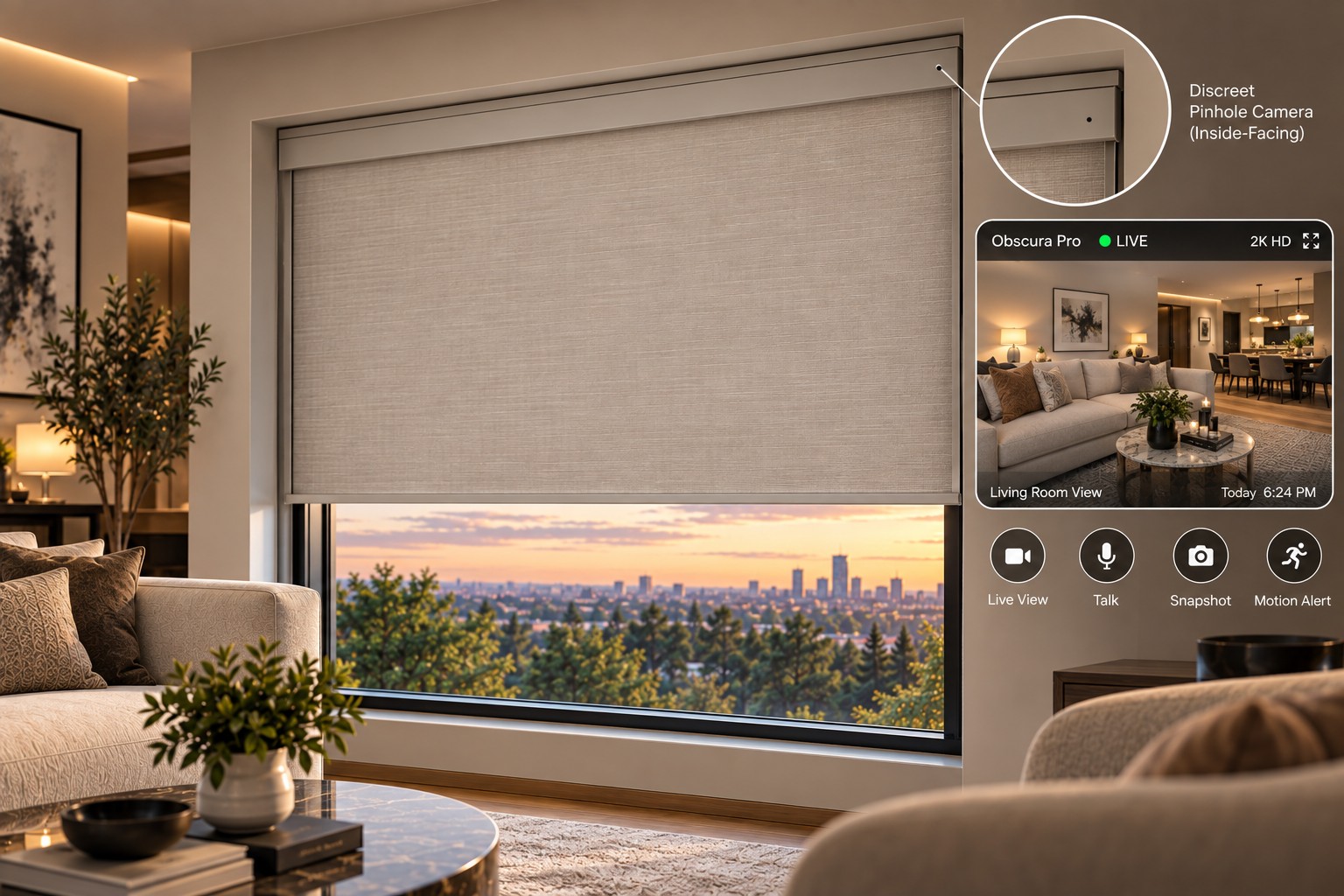 Obscura Pro blind with a discreet inside-facing pinhole camera, shown beside its live view controls